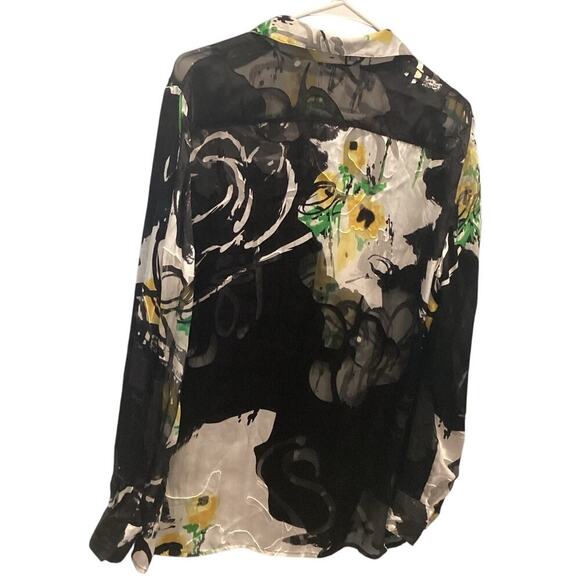 Chico's Womens Button Up Shirt L Large Black White Silk Blend Artsy Boho Work - Picture 4 of 7